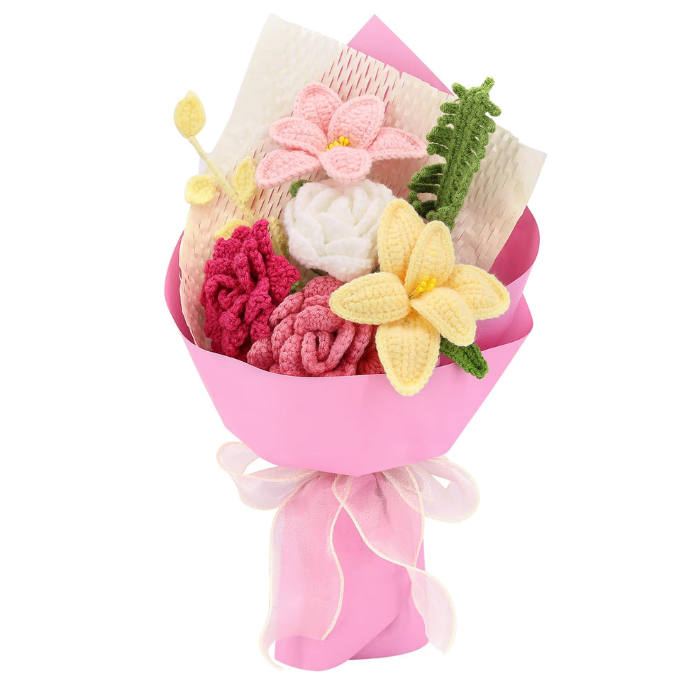 FUCAN pink crocheted rose bouquet in a vase, long-lasting decorative bloom