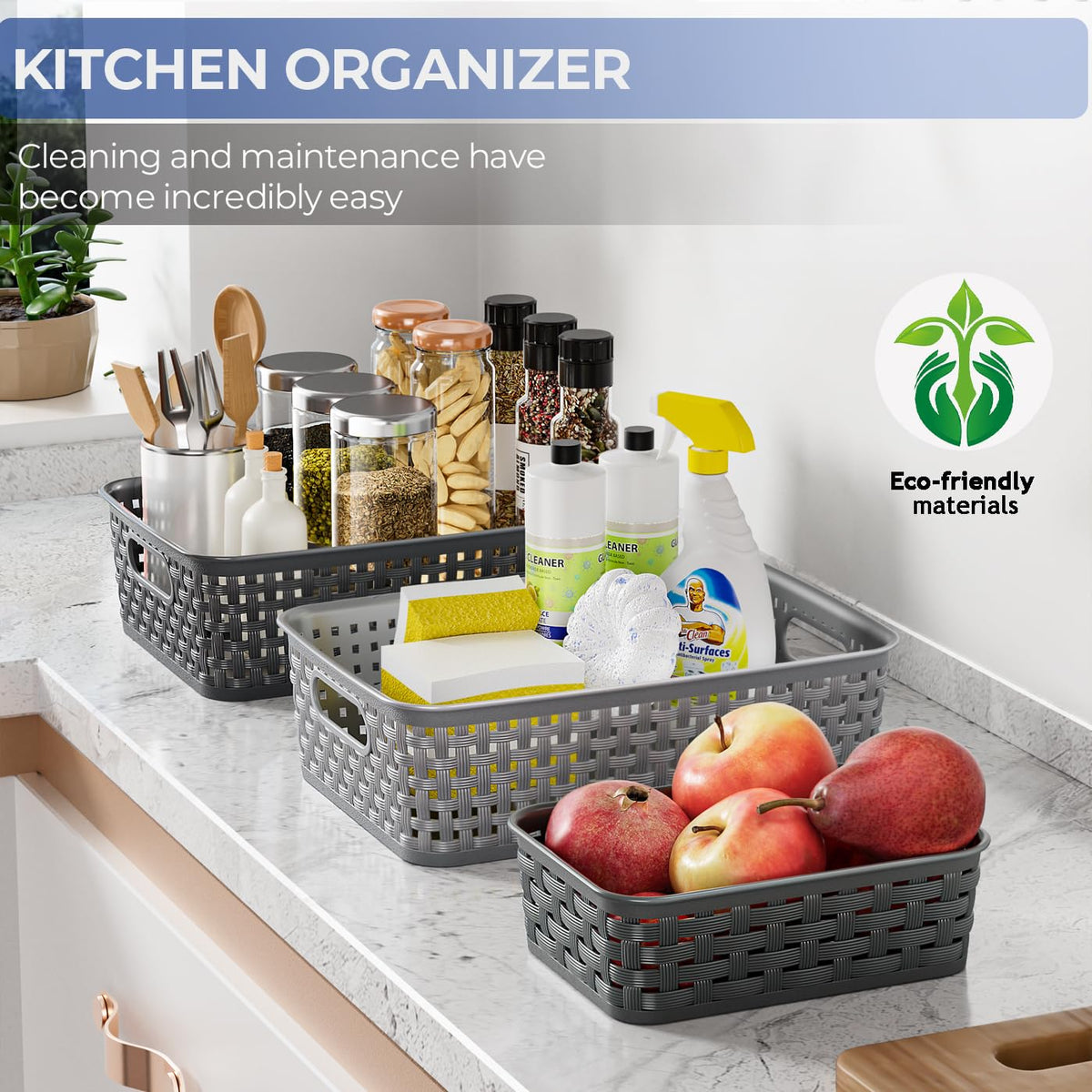 FUCDTEFC small wicker-plastic basket with built-in handles for easy transport.