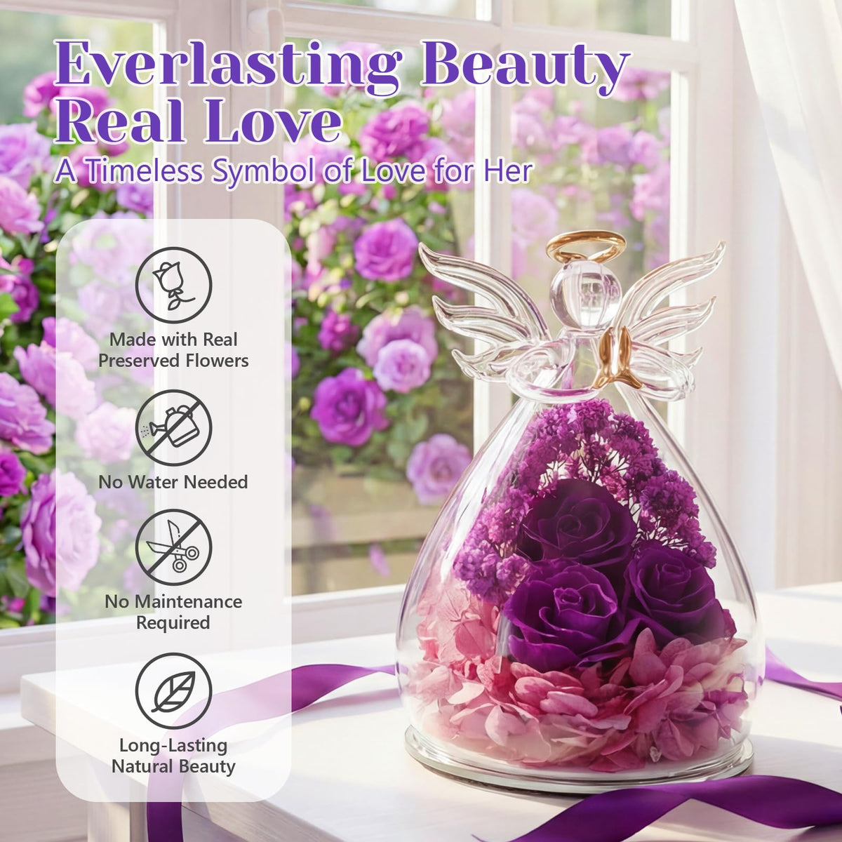 FUHITIM forever rose glass angel: crystal display that endures with no maintenance.