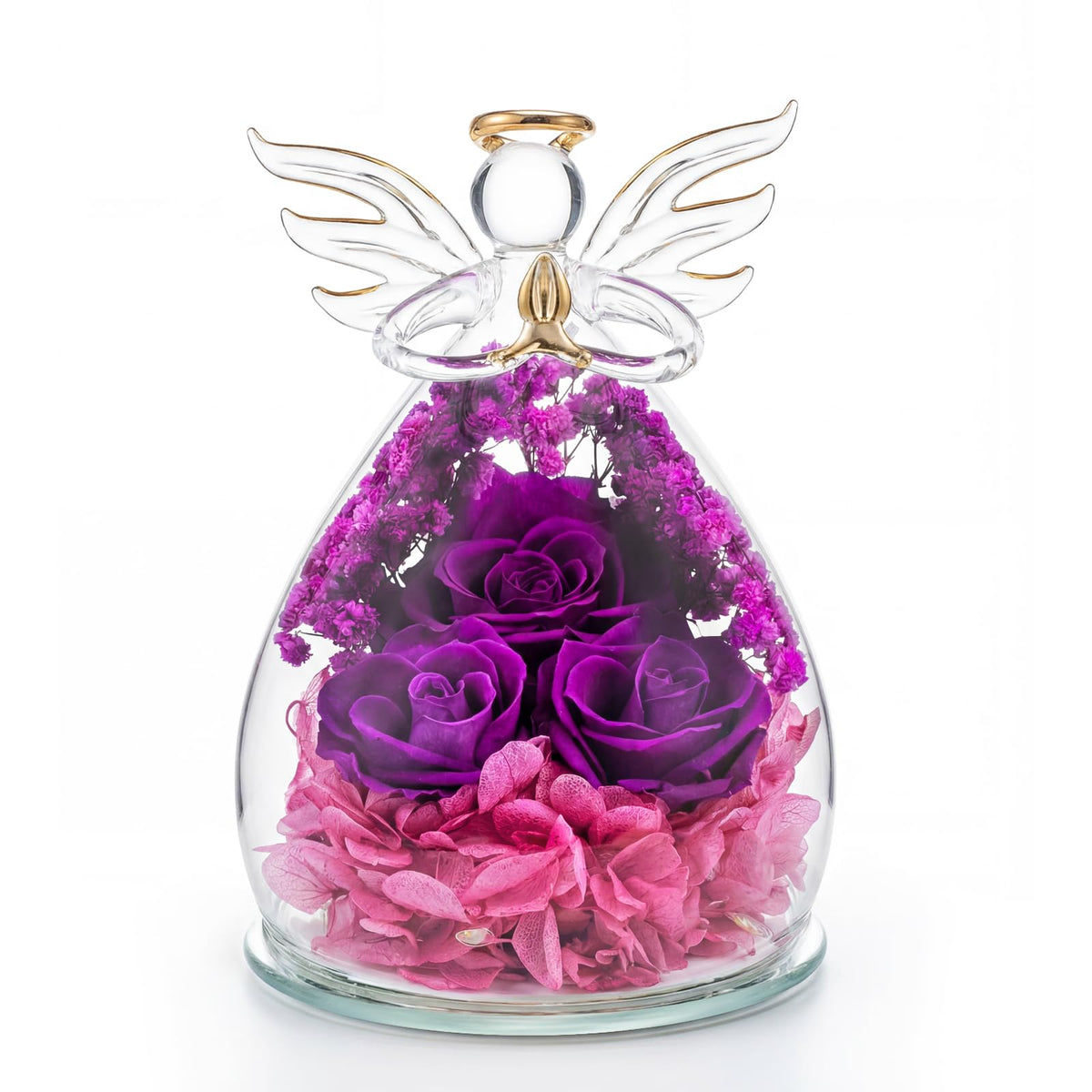 FUHITIM gift for mom: preserved purple rose inside a glass angel figurine, long-lasting keepsake.
