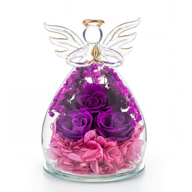 FUHITIM gift for mom: preserved purple rose inside a glass angel figurine, long-lasting keepsake.