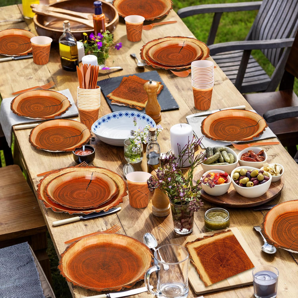 FULJOOY log-theme utensils set with knives, forks, spoons for easy camping meals.