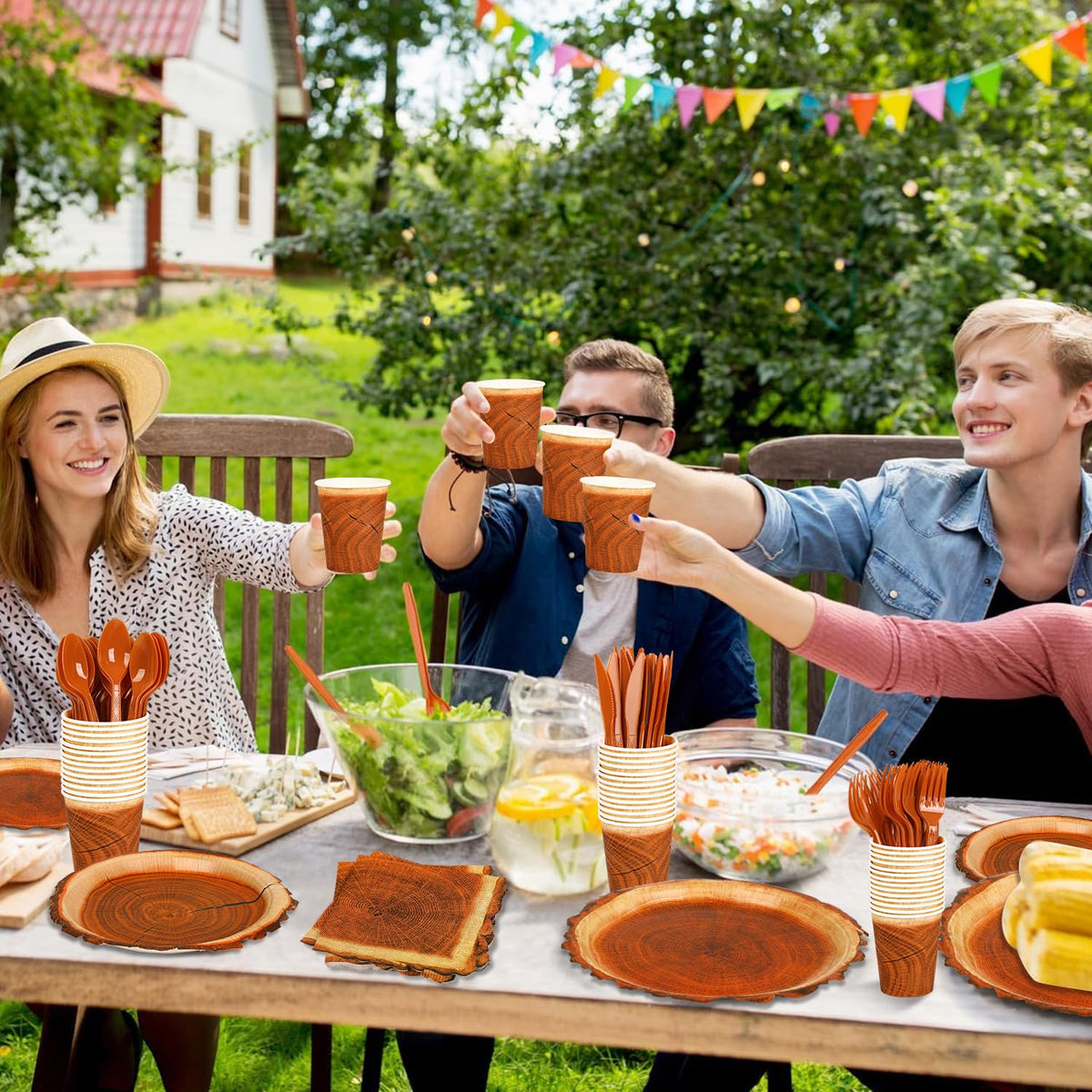 FULJOOY outdoor party tableware arranged on rustic setup.