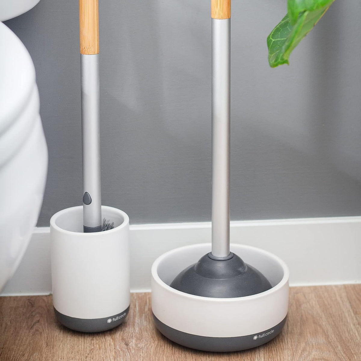 Full Circle Scrub Queen ceramic holder displays the brush in a sanitary manner.