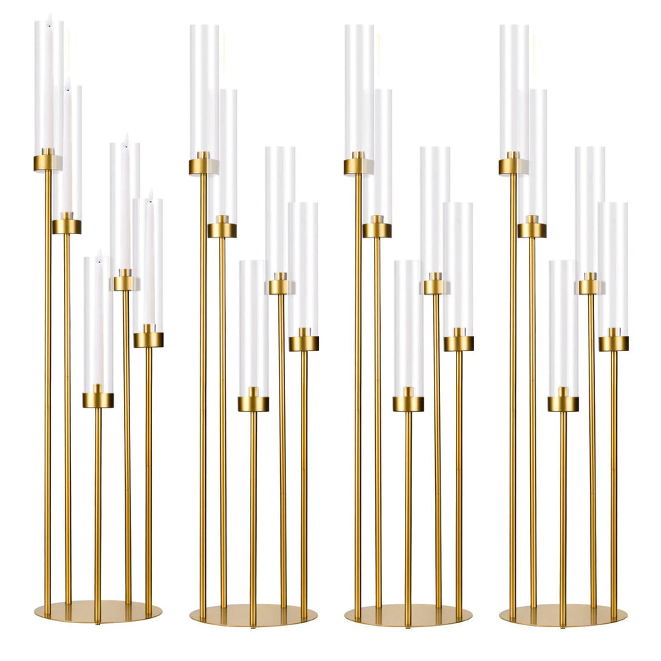 Fullvaseer 5-arm gold candelabra with varied heights for a dramatic wedding tablescape