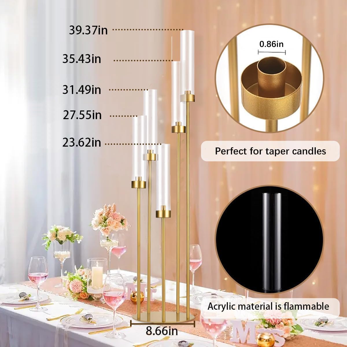 Fullvaseer set of four gold candelabras for coordinated wedding or party decor