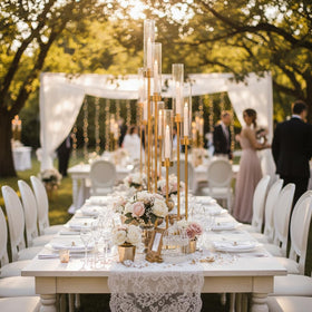 Fullvaseer wedding table centerpiece setup with tall elegant candelabra