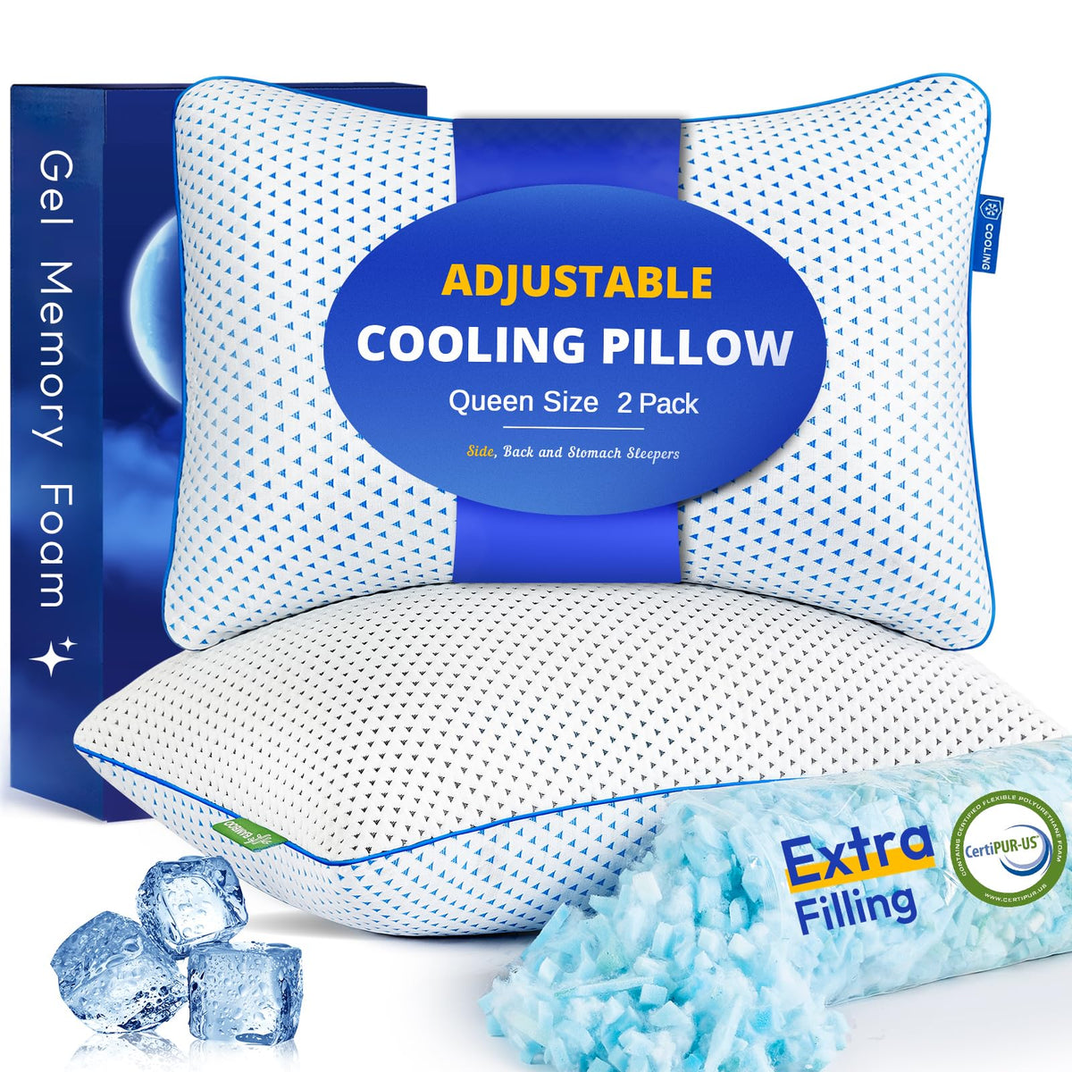 Fulocean cooling gel memory foam pillow queen 2-pack viewed from top for cool, supportive sleep.