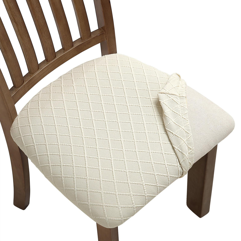 Fuloon beige stretch chair seat cover protects dining chairs with flexible fit.