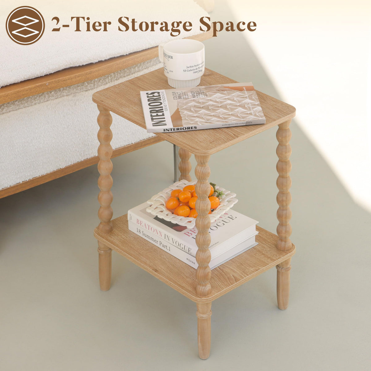 Fultyle versatile end table suitable as nightstand or sofa companion.