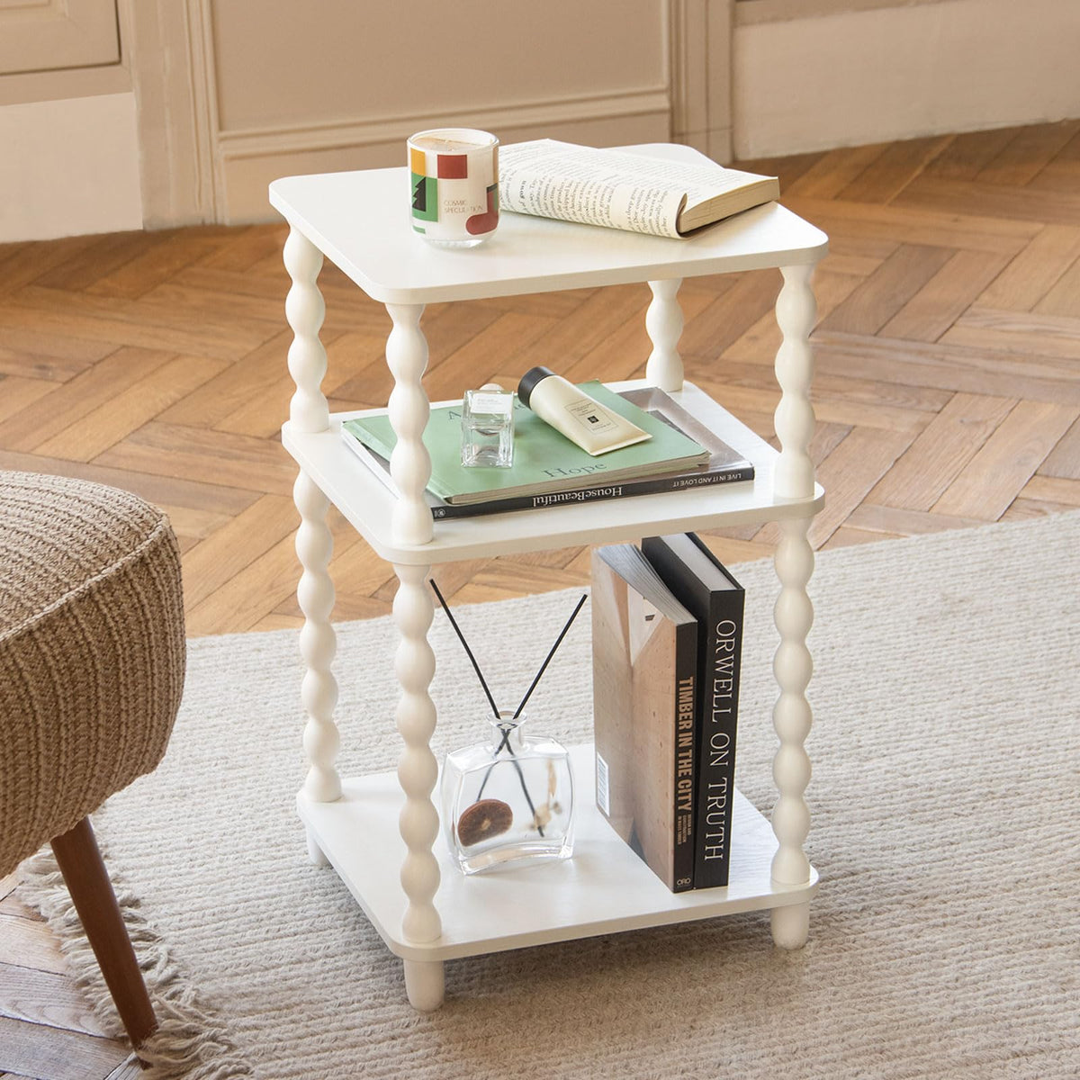 Fultyle end table middle shelf for books and accents.