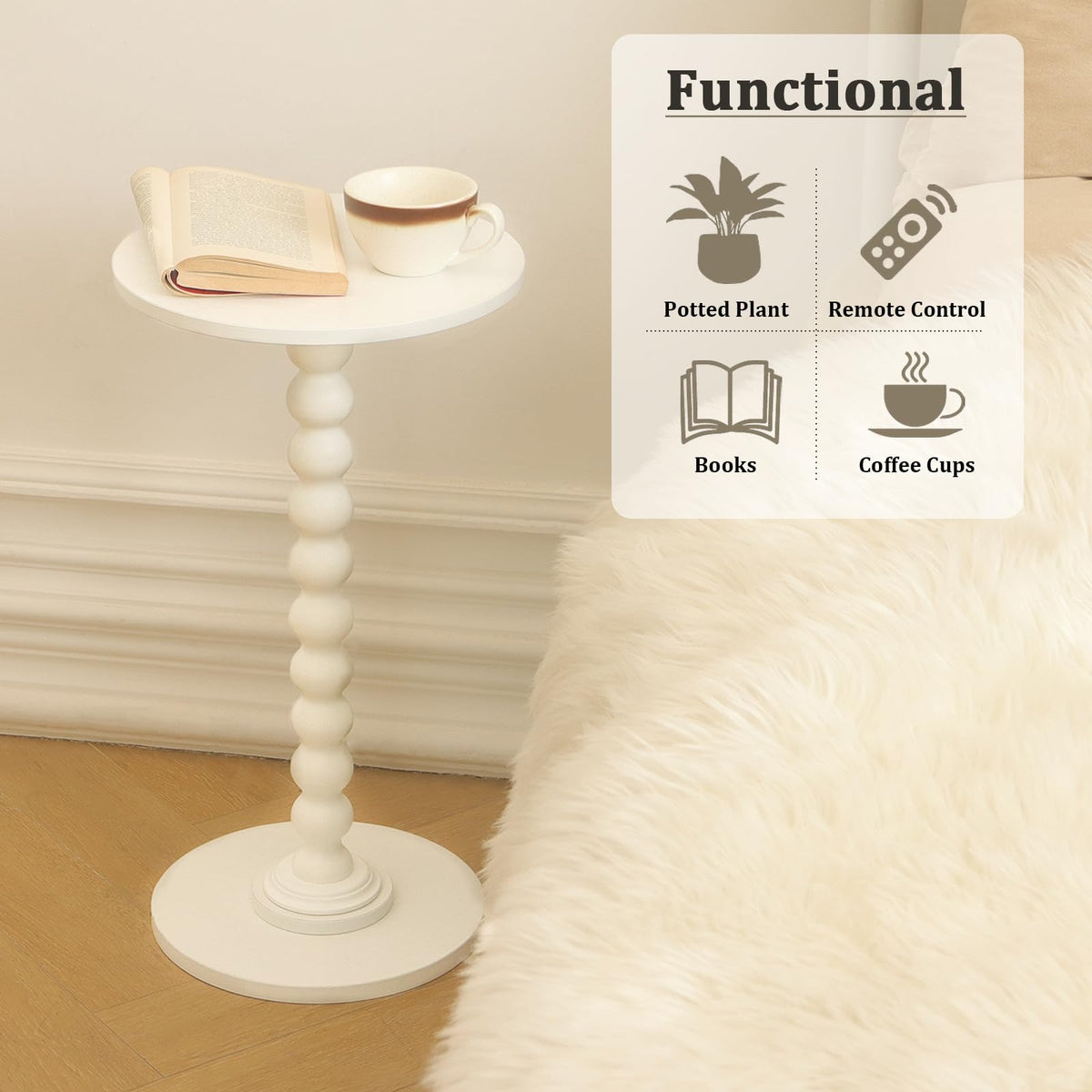 Fultyle table measures 11-8 dia by 21-6 high for compact rooms.