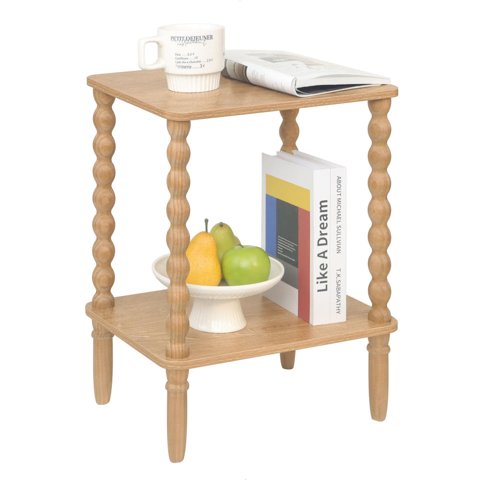 Fultyle end table with walnut top enhances living room warmth and organization.