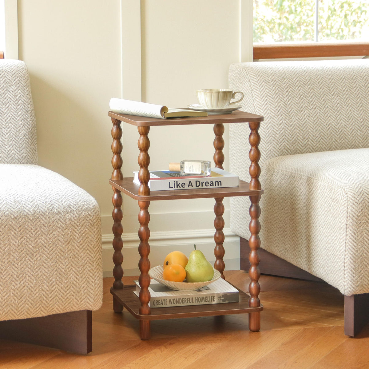 Fultyle small side table in walnut brown, side view showing slim profile