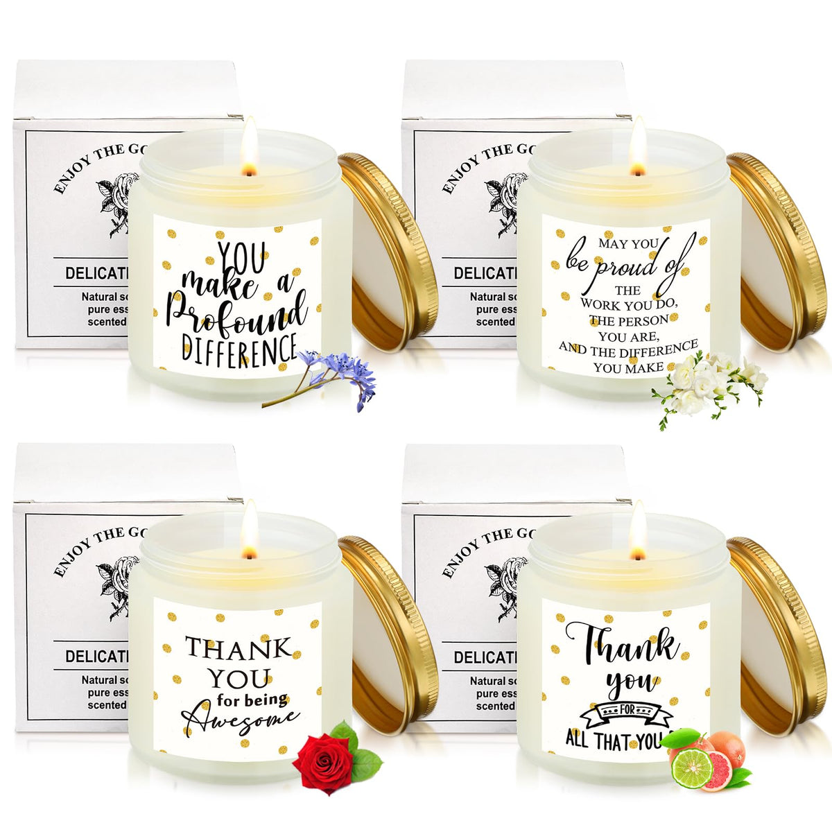 Fumete four-pack thank-you candles in gift-ready packaging for thoughtful appreciation.