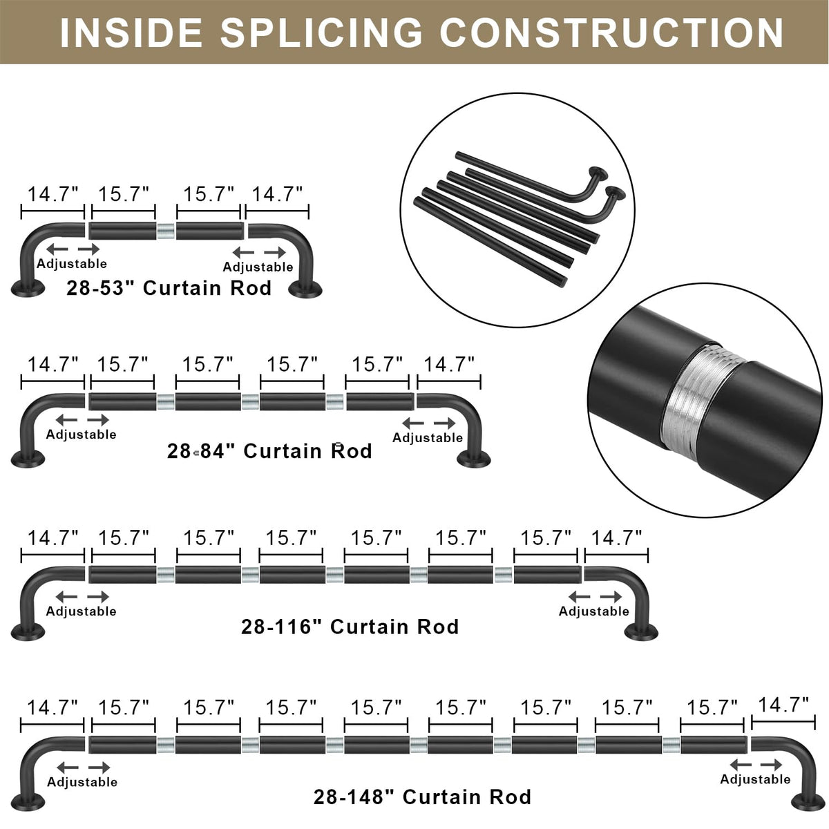 Fumlyate spliced iron pipes connect securely for stable curtain support.