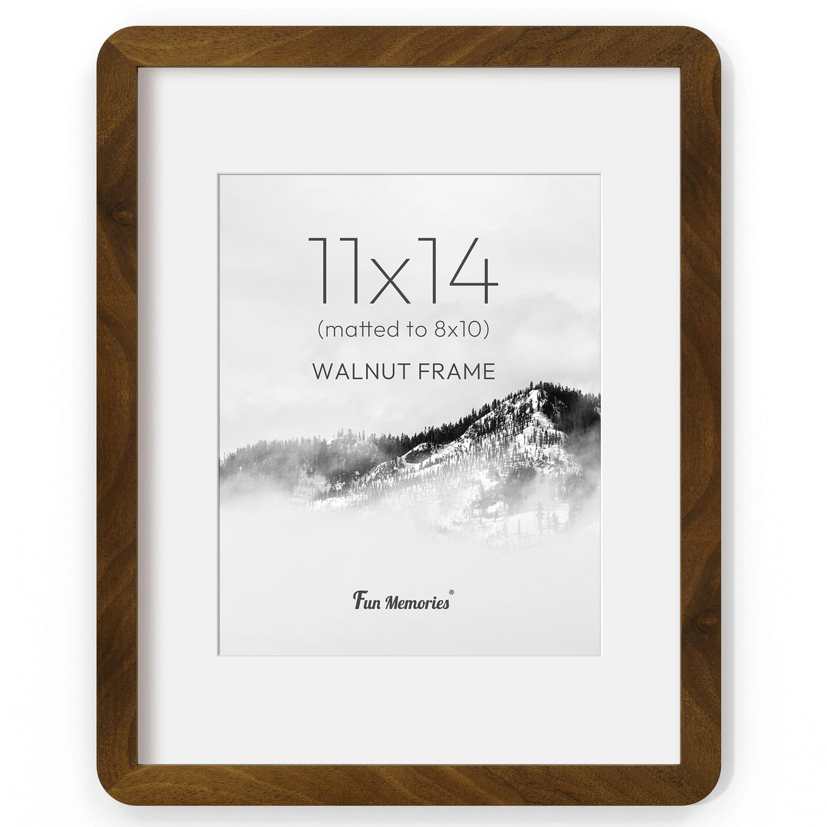 Fun Memories 11x14 walnut frame with mat highlights photos with a classic, warm touch for wall display.