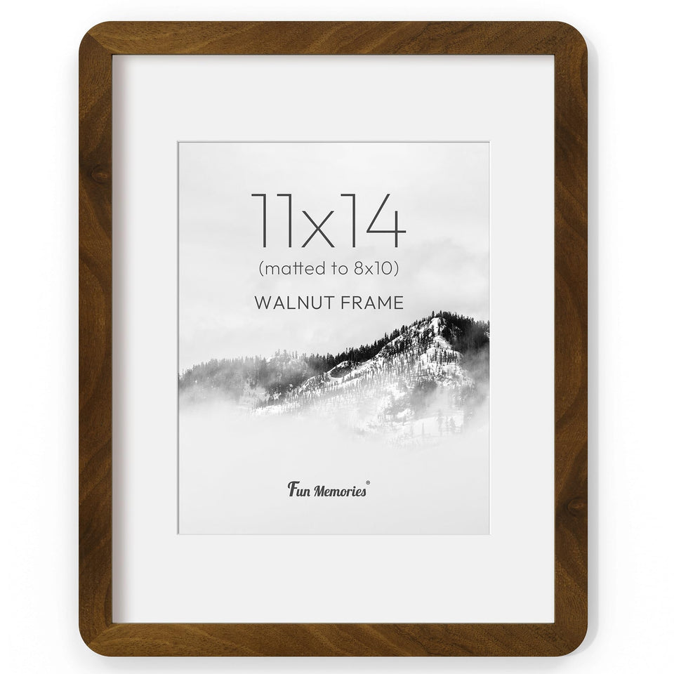 Fun Memories 11x14 walnut frame with mat highlights photos with a classic, warm touch for wall display.