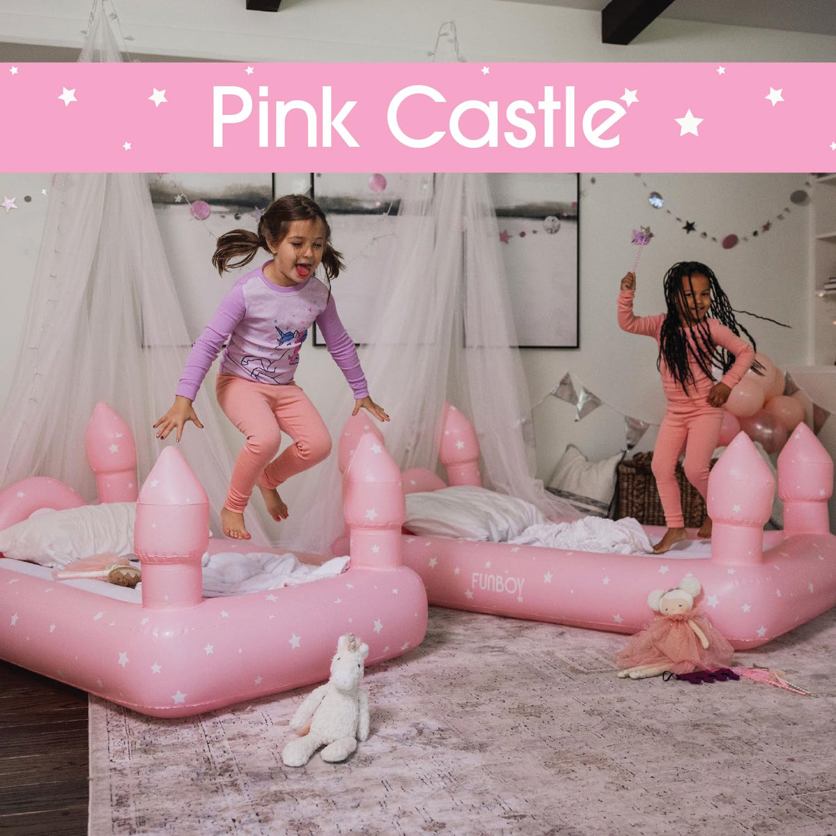 FUNBOY Pink Castle Twin bed with storage bag for easy packing and transport