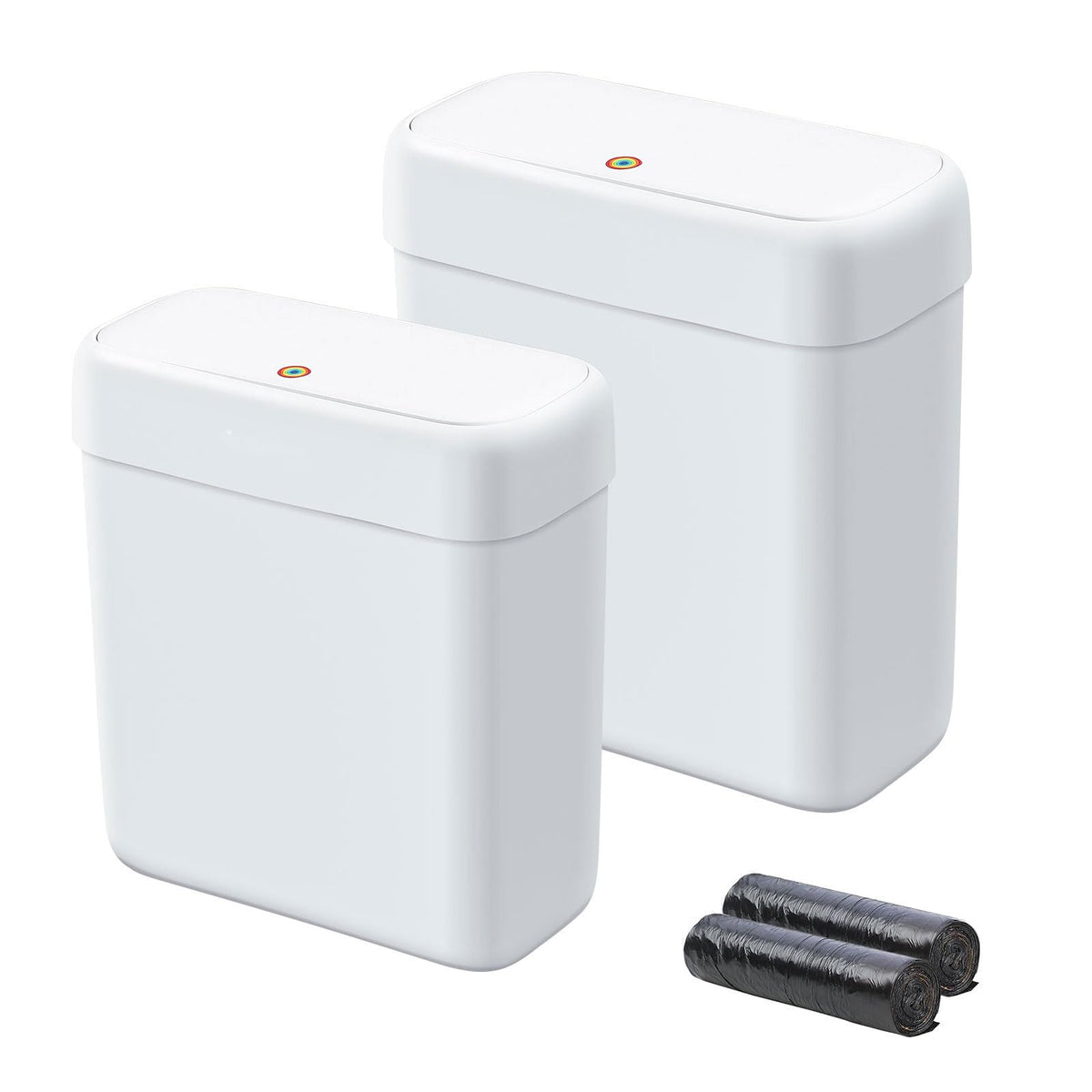 Funest 3 gal bathroom trash can with space-saving lid in white.