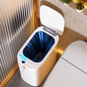 Funest bathroom trash can with lid sensor for hands-free use in any bathroom.