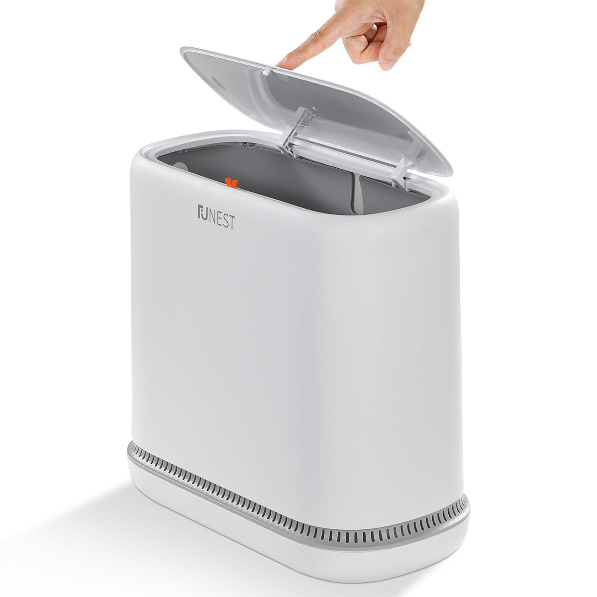 Funest bathroom trash can with press-top lid in a compact space