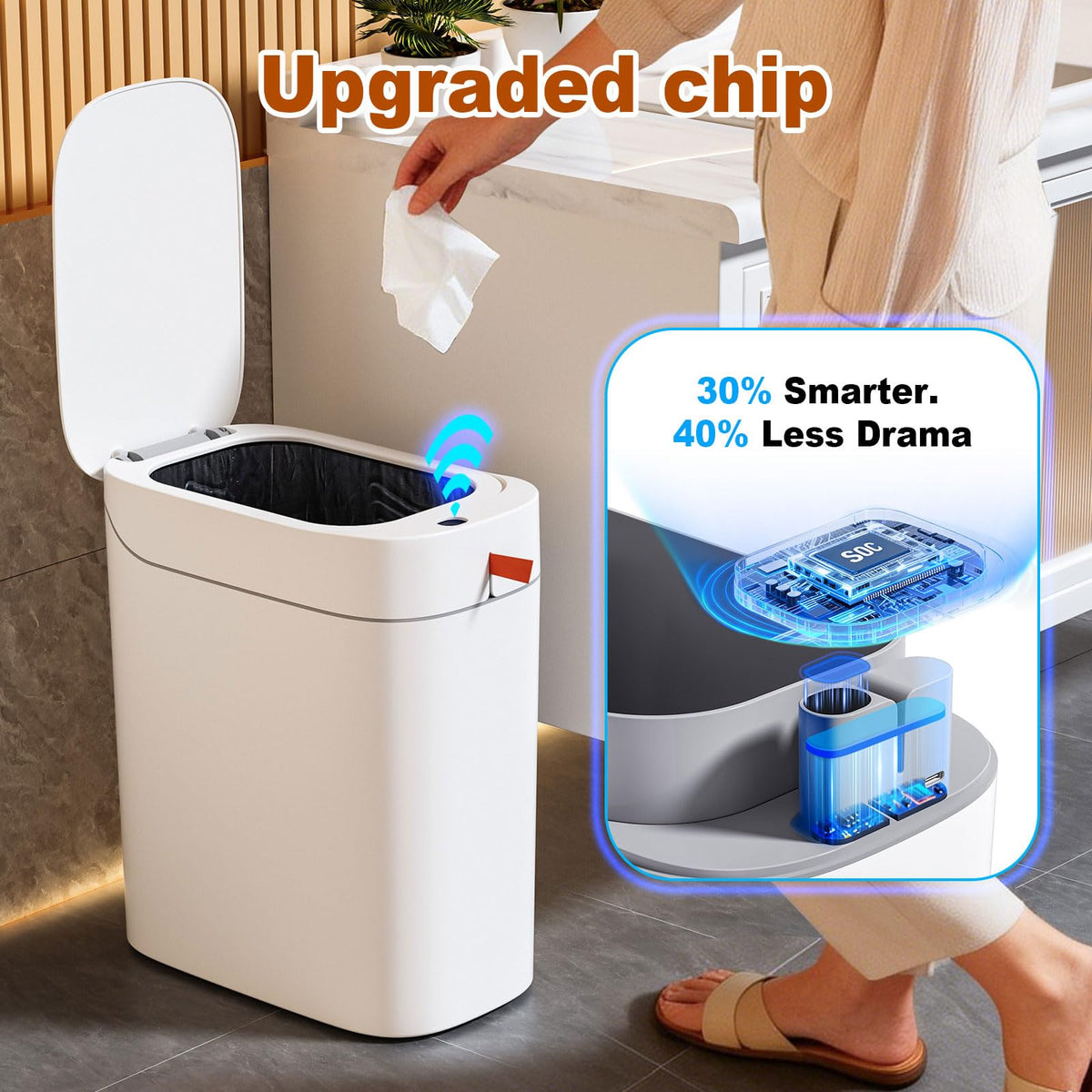 Funest bathroom trash can with Type-C rechargeable battery for low-maintenance daily use.