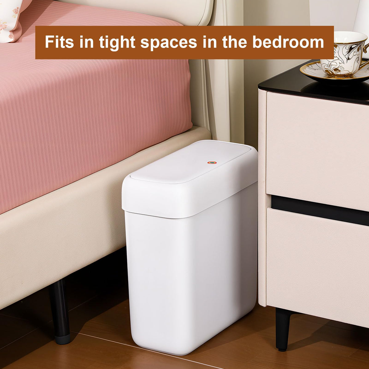 Slim Funest trash bin designed to fit between vanity and toilet.