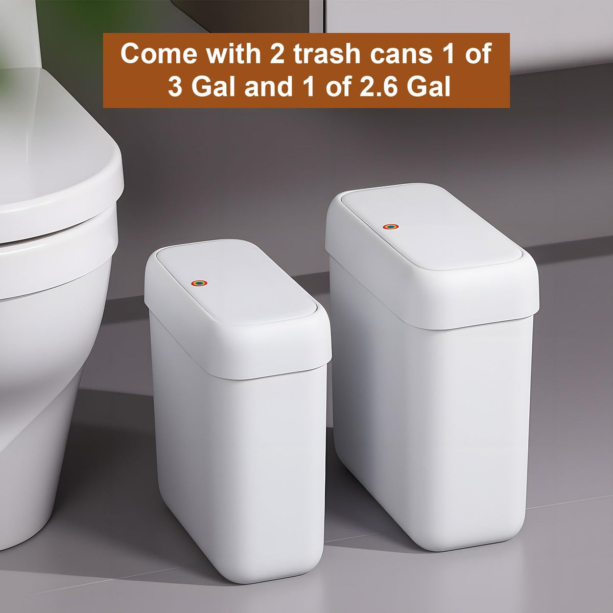 Two-pack Funest white trash cans with easy-clean surface.