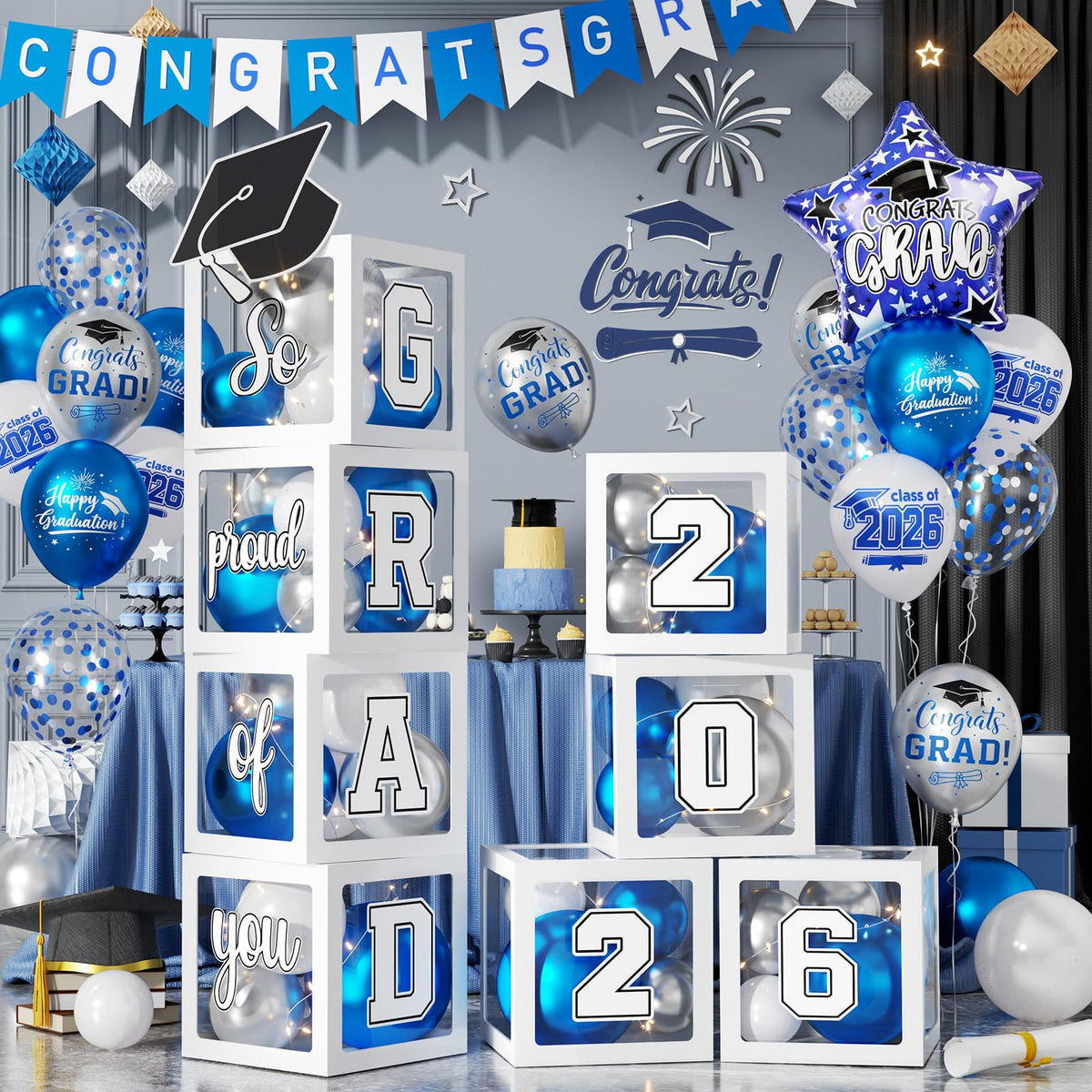 FunHot white graduation boxes arranged for an elegant Class of 2026 display