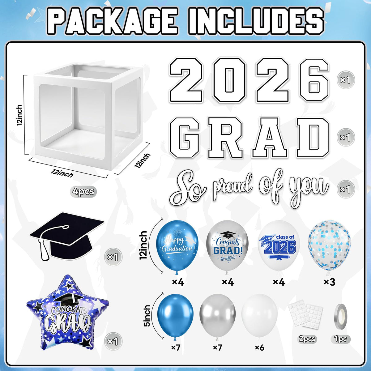 FunHot 12-inch printed balloons in blue, silver, and white for festive accents