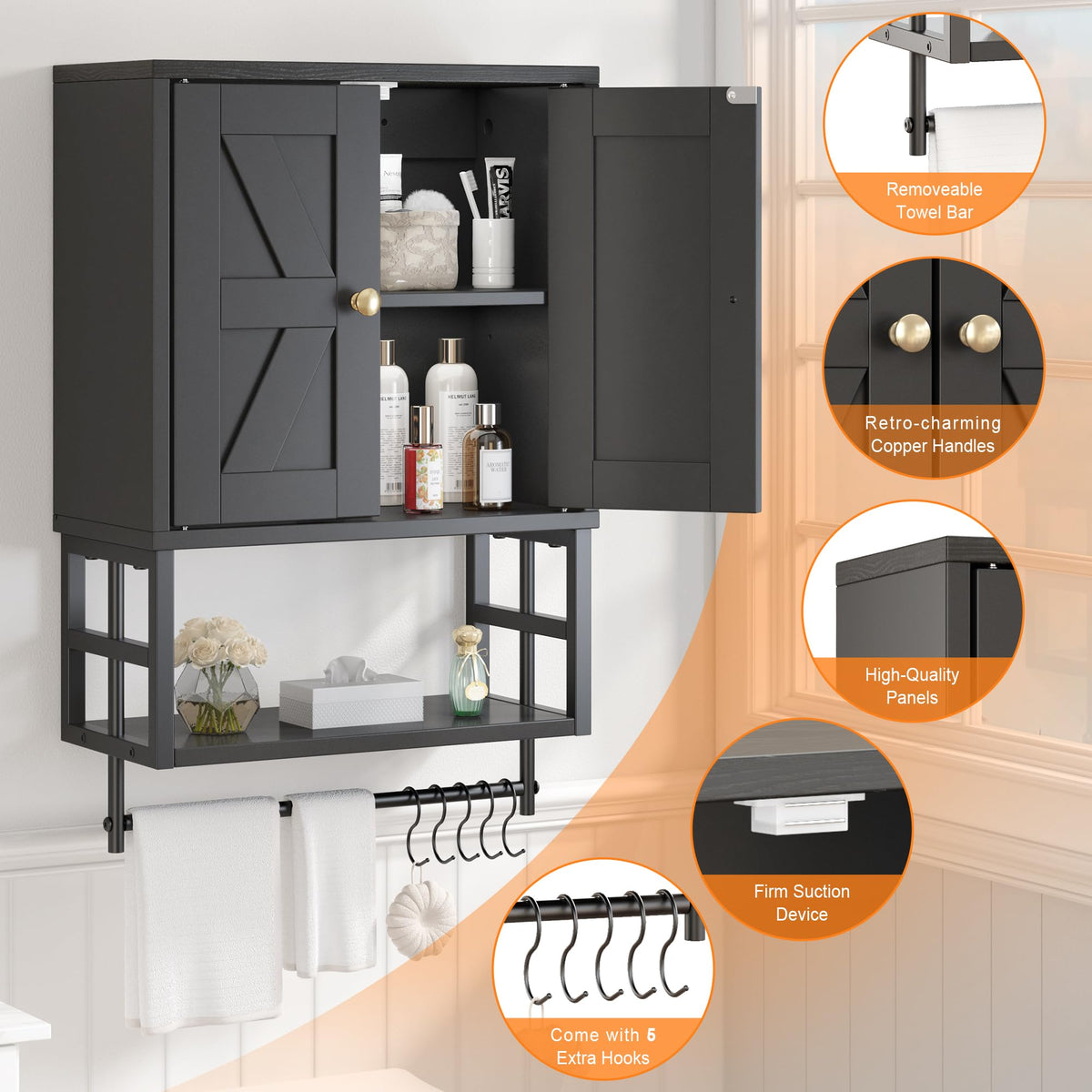 FUNHUKSON Farmhouse cabinet with five hooks for towels and tools.