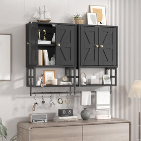 FUNHUKSON Farmhouse cabinet open bottom design for toilet paper storage.