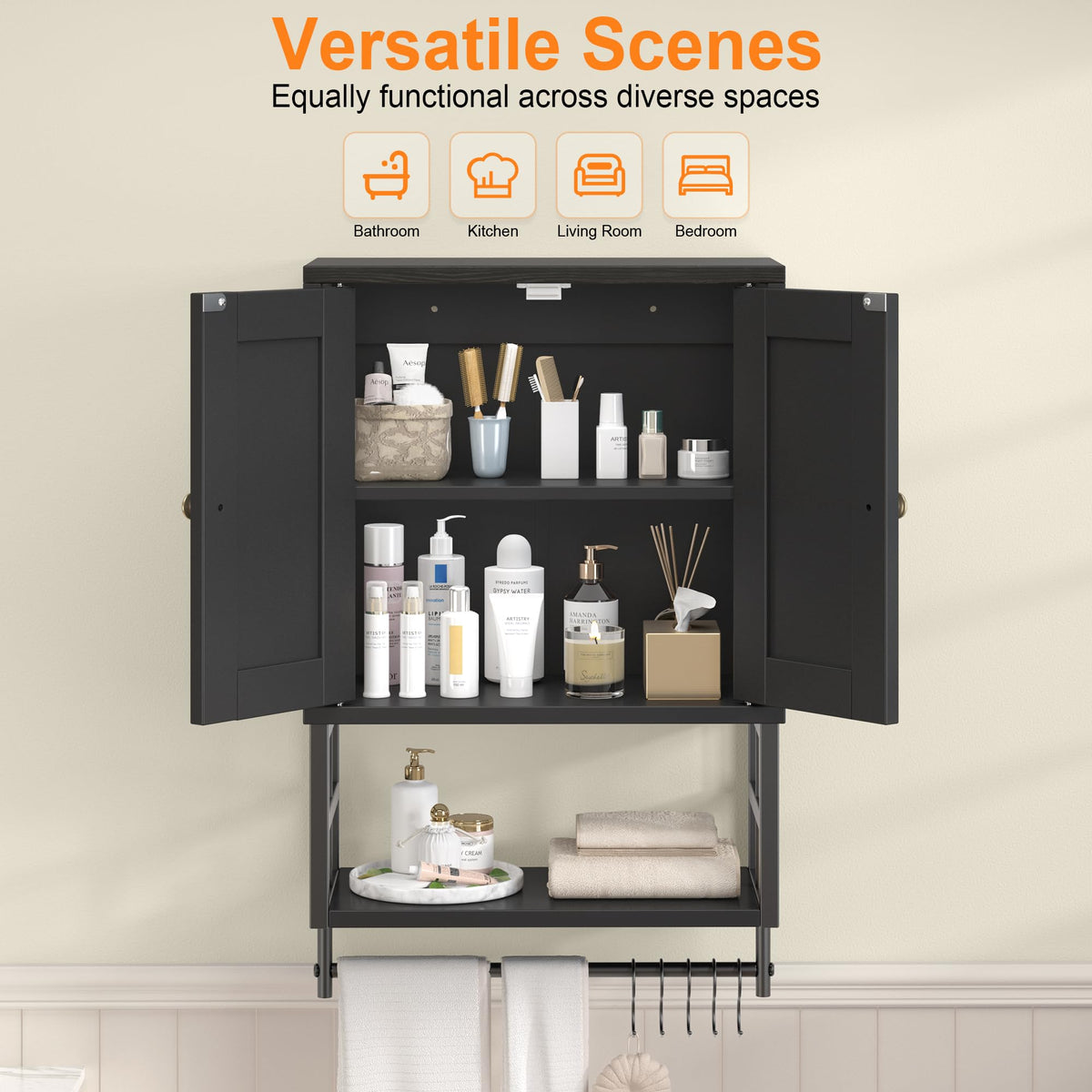 FUNHUKSON Farmhouse cabinet with towel bar for easy access.