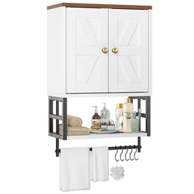 FUNHUKSON farmhouse cabinet with three tiers on the wall, ideal for compact bathrooms.
