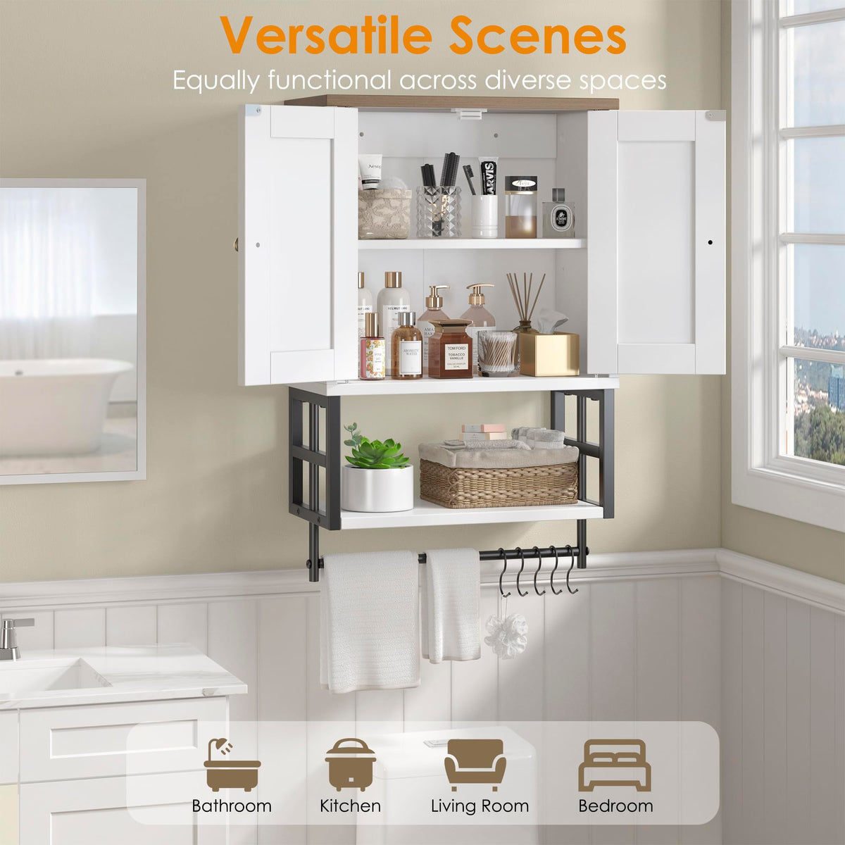 Five hooks provide versatile storage for towels and bath accessories.