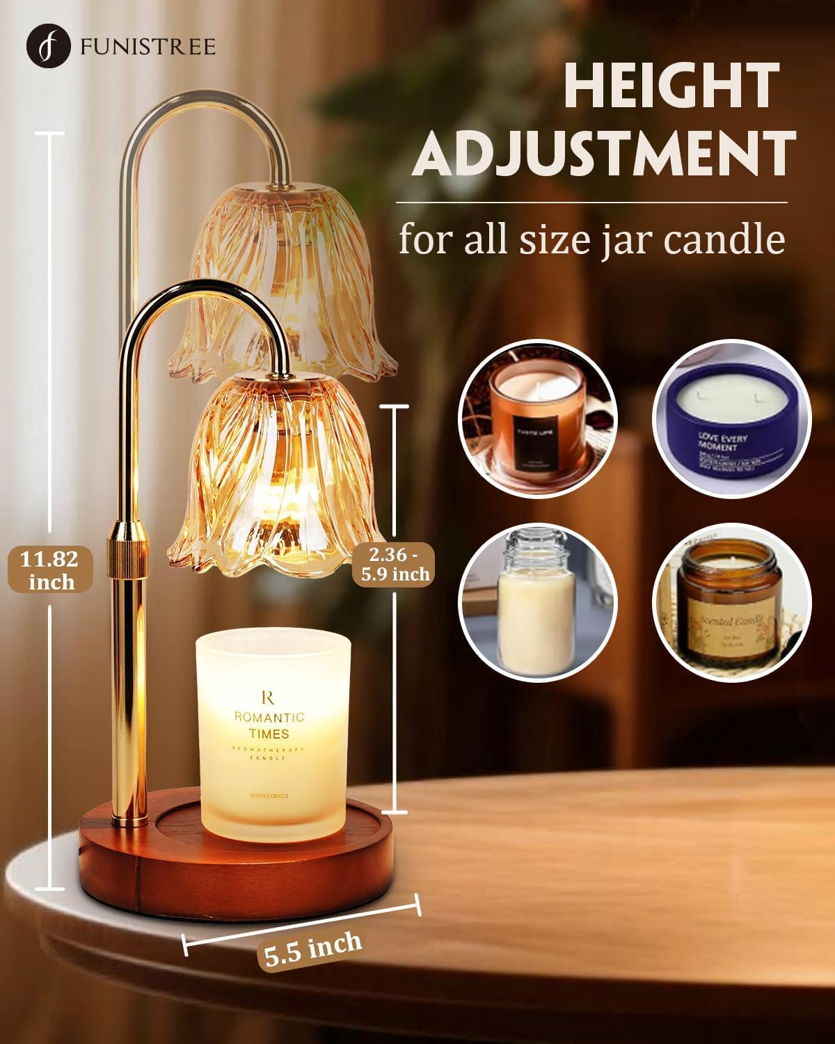 Funistree gold candle warmer lamp with green-dim controls clearly visible for adjustable scent intensity.