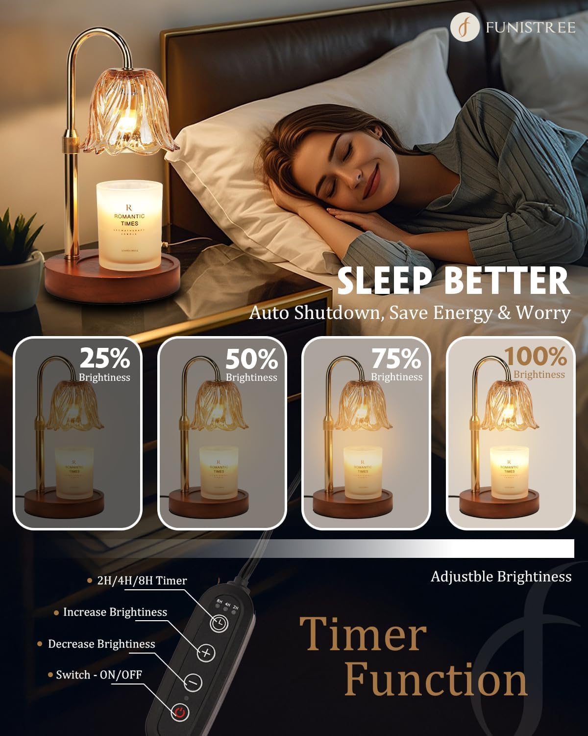 Funistree gold candle warmer lamp with timer feature enabling convenient, worry-free use.