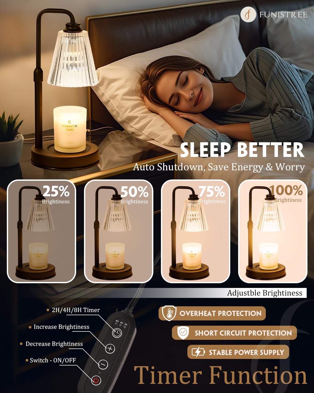 Funistree warmer demonstrates jar candle fit for various jar sizes and shapes.