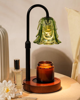 Funistree candle warmer lamp in green with wood base for safe, flame-free aroma