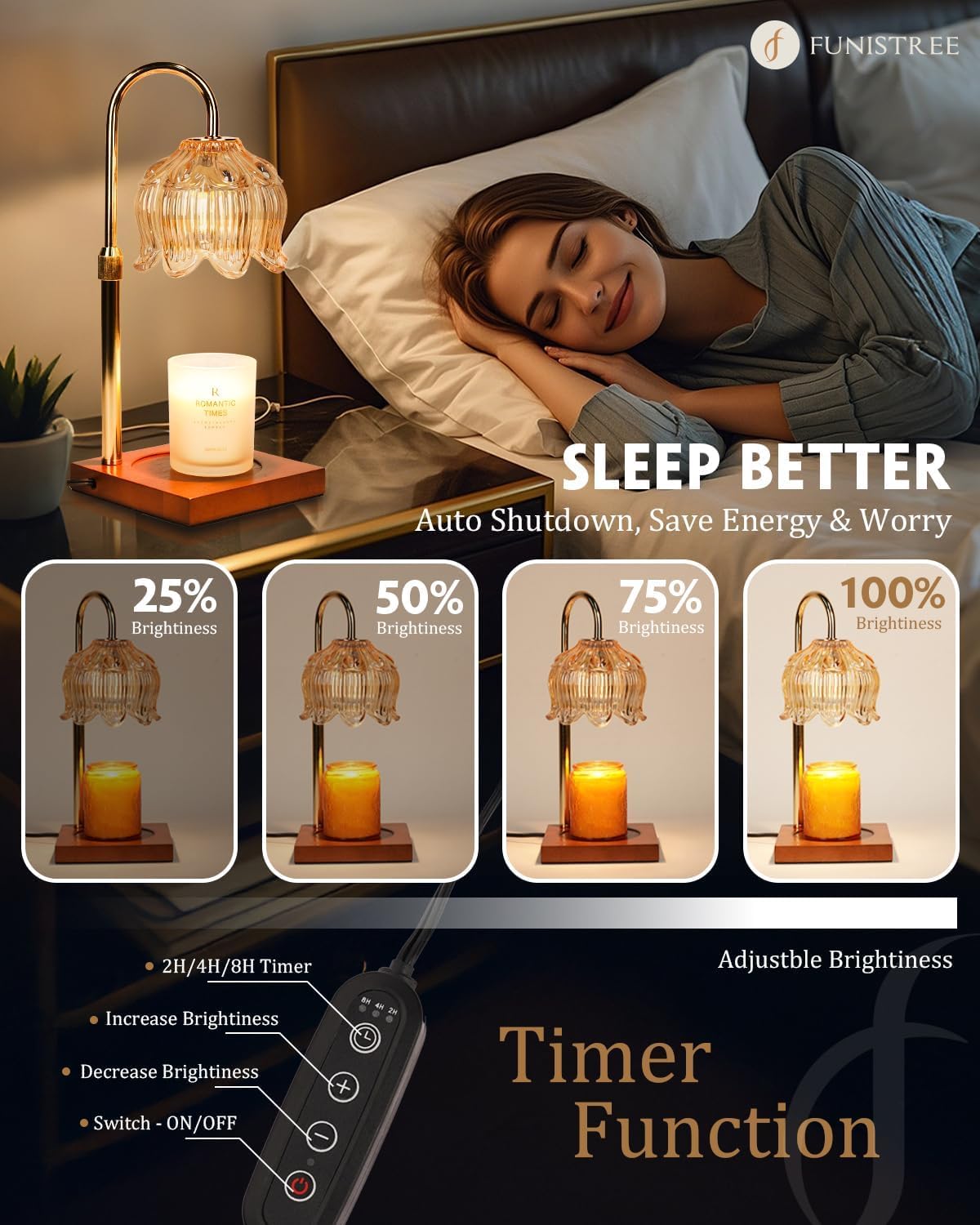 Funistree wax melt on lamp with timer for fragrance control.