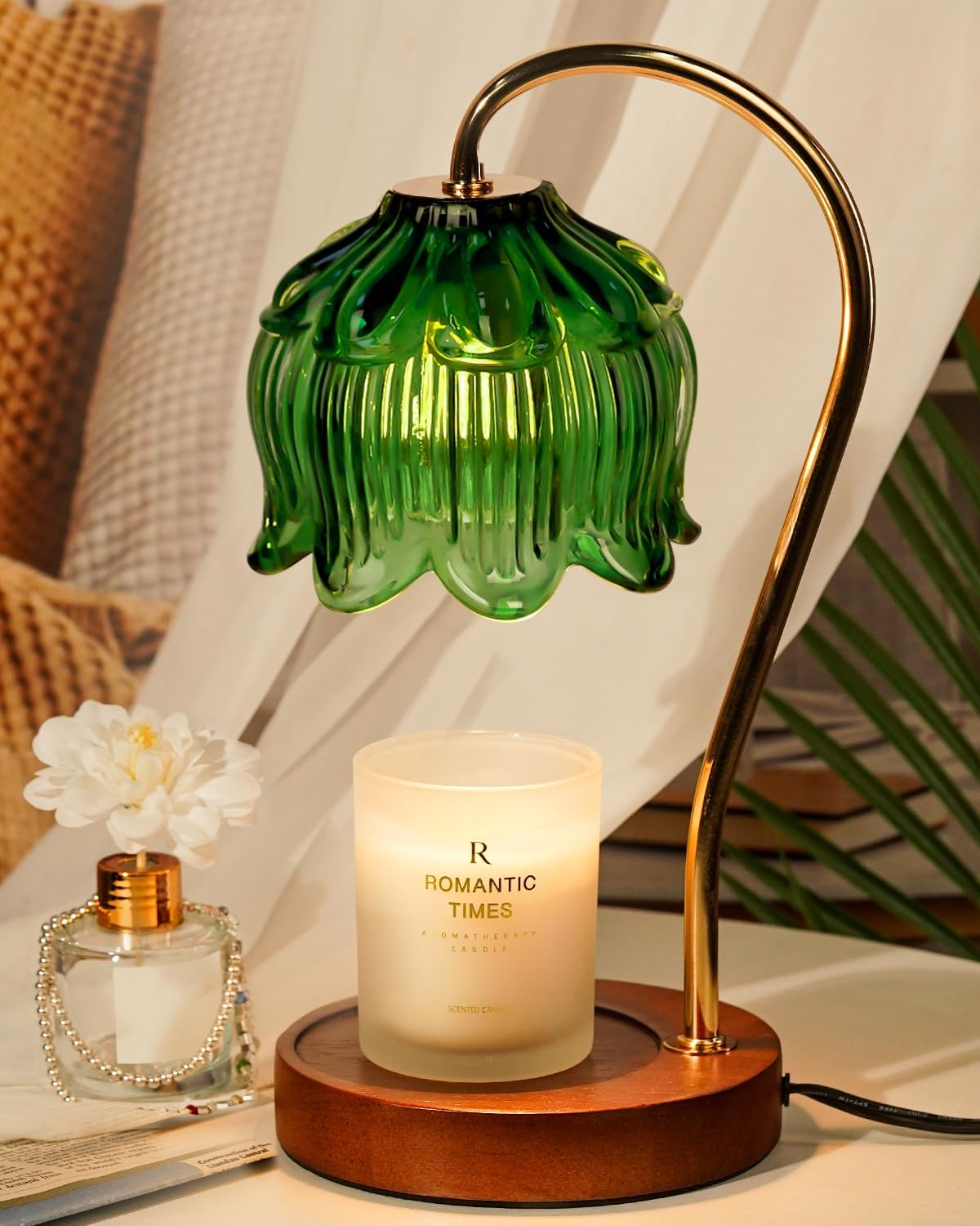 Funistree green candle warmer lamp with timer for safe, flame-free candle melting.