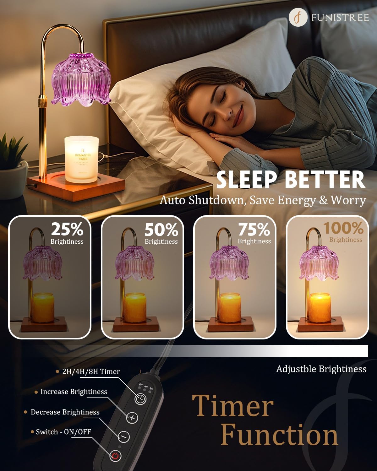 Height-adjustable Funistree candle warmer fitting various candle sizes.