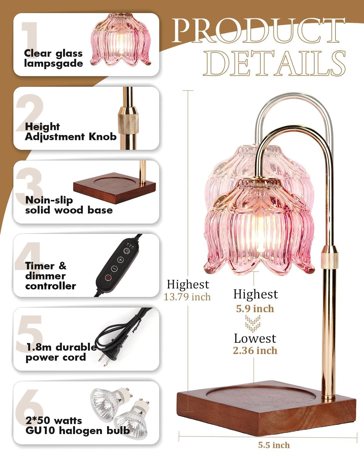 Funistree pink candle warmer lamp height-adjustment enables a perfect fit for any candle.