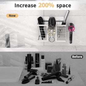 FUNKYLEE organizer features a side hair-dryer rack for safe, heat-dissipating storage.