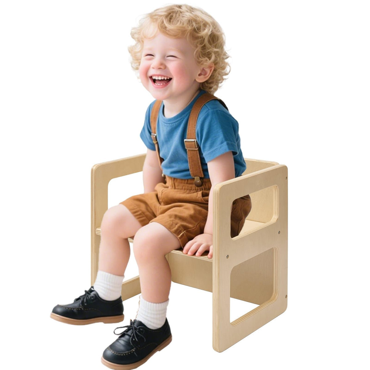 FUNLIO height adjustable Montessori chair in natural pine, side view showing sturdy design for growing kids