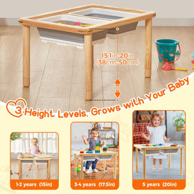 FUNLIO sensory table with adjustable legs demonstrating 3-height levels for growing children