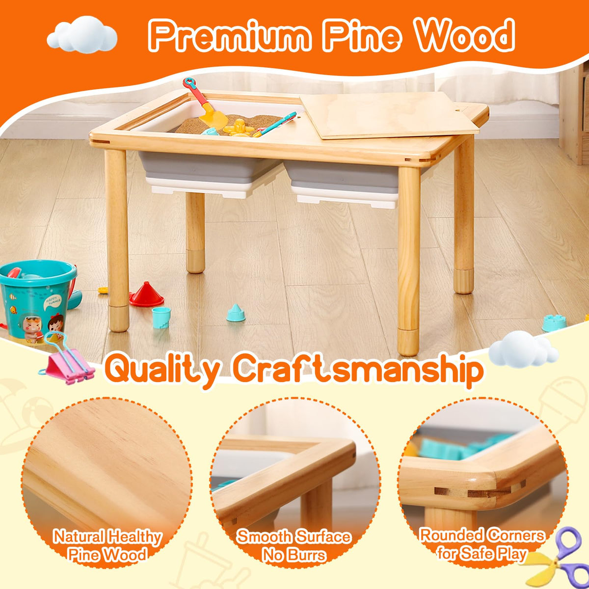 Lids on FUNLIO table convert to dining or activity surface for versatile family use