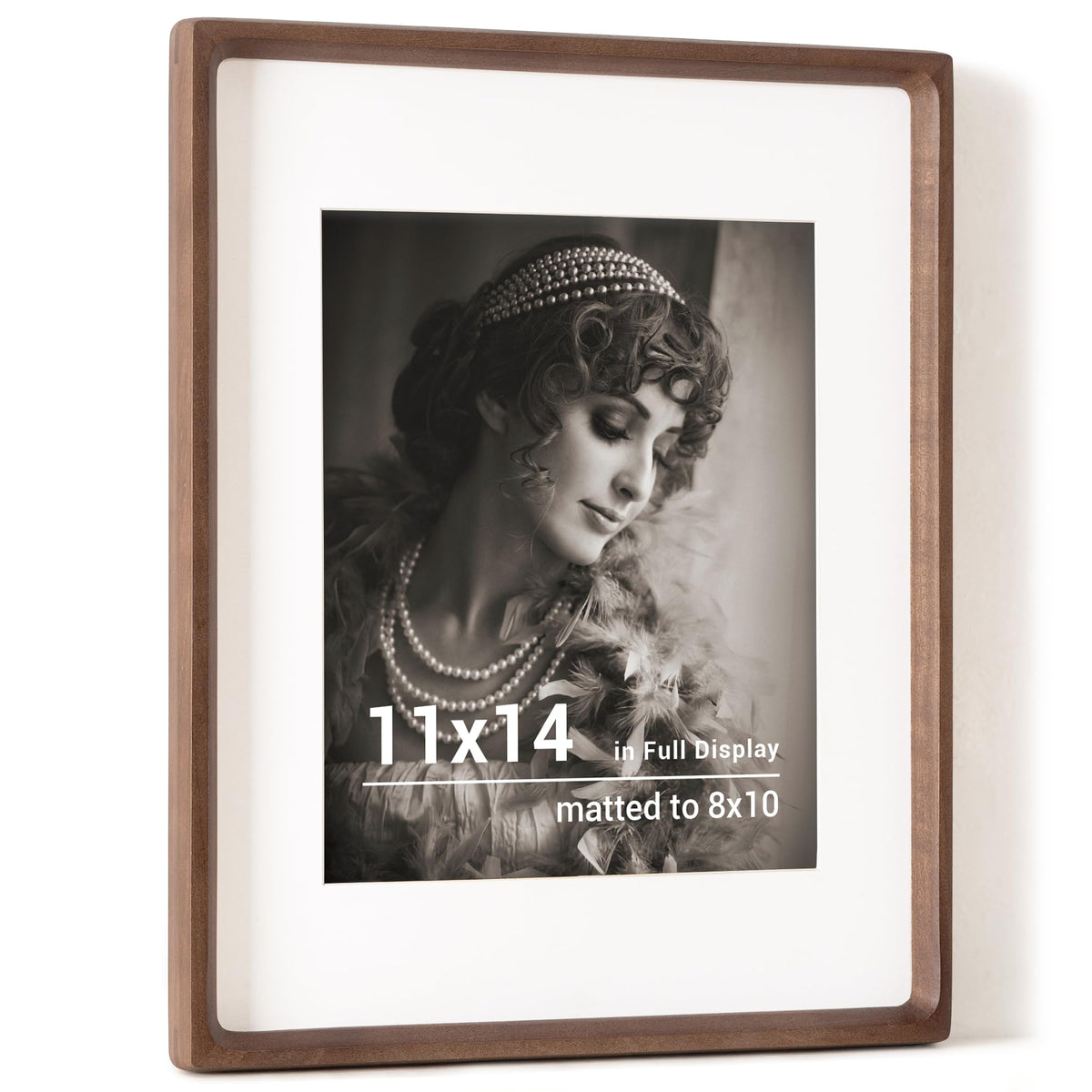 Fun Memories 11x14 walnut frame front view with clear tempered glass for display