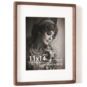 Fun Memories 11x14 walnut frame front view with clear tempered glass for display